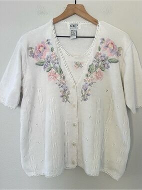 Vintage Koret Sweater Sz XL Faux Cardigan Embroidered Cottagecore Twinset Floral